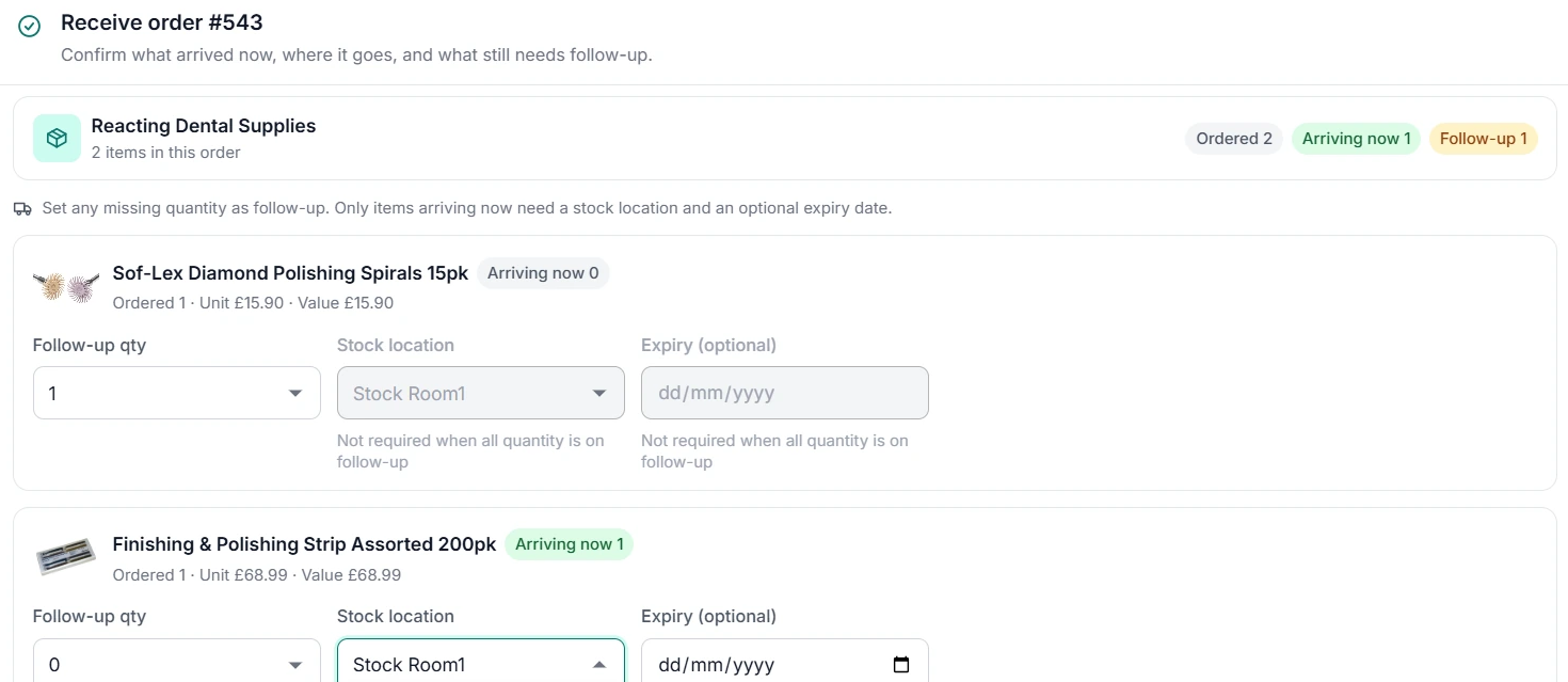 Receive order 543 — arriving quantity, follow-up quantity, stock location and expiry