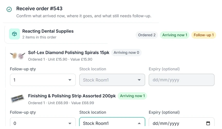 Receive order 543 — arriving quantity, follow-up quantity, stock location and expiry