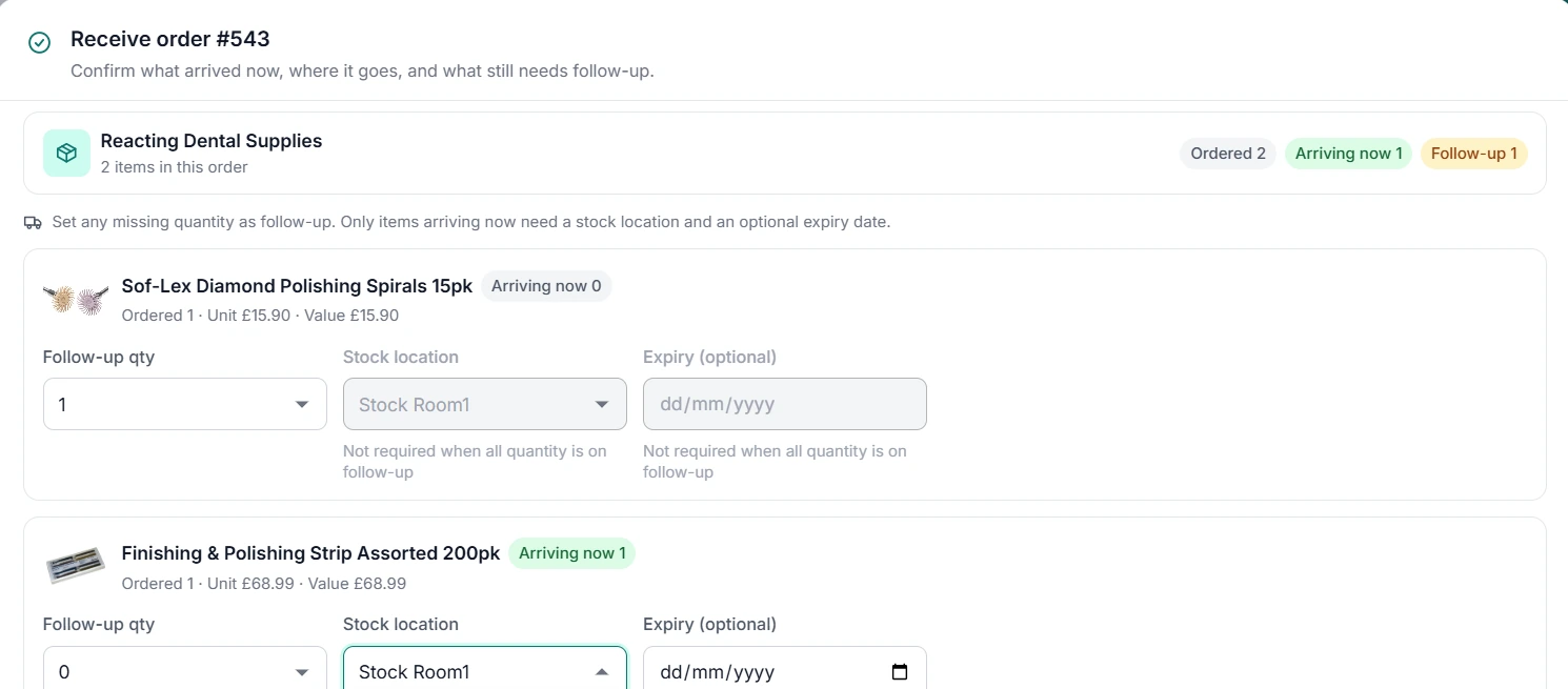Receive order 543 — arriving quantity, follow-up quantity, stock location and expiry
