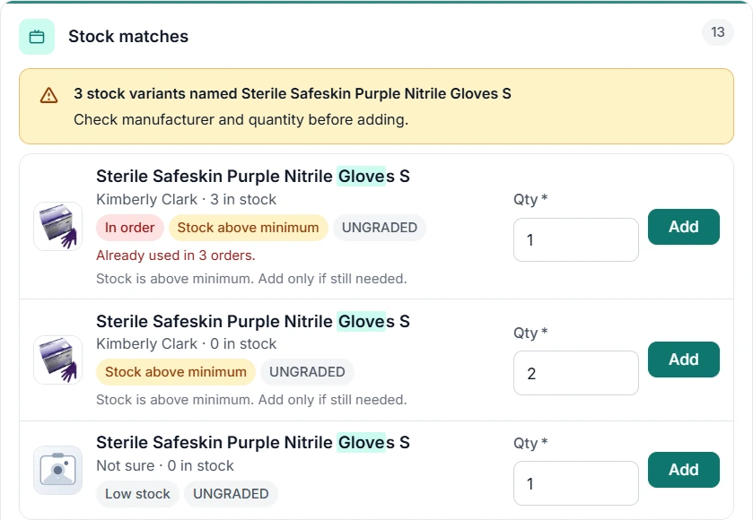 Dental Assist stock matches for gloves, showing items already in orders, stock above minimum and low stock