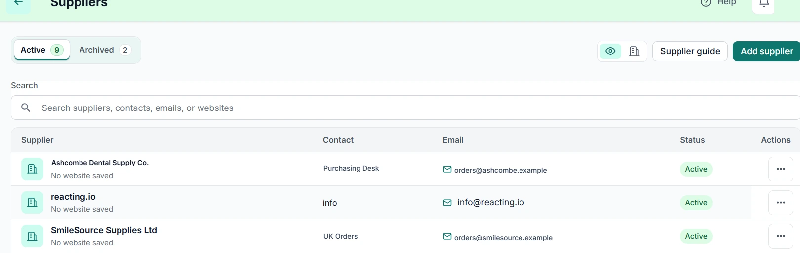 Dental Assist Suppliers directory — supplier names, contacts, email and Active status